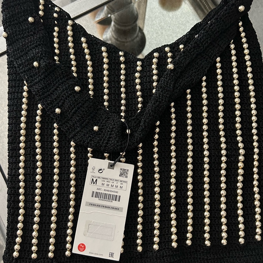 Black knit with gold beads Zara tote NWT
